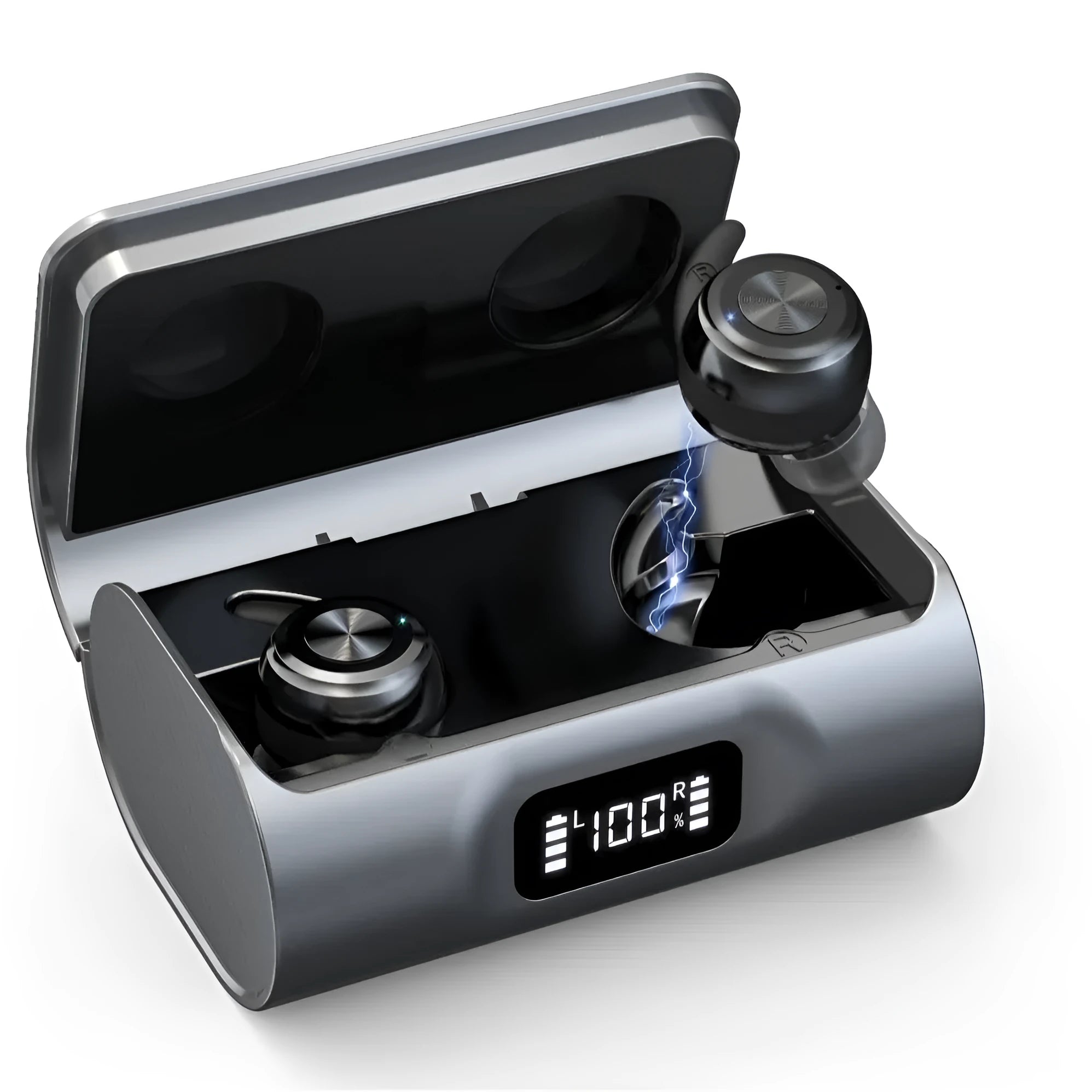 G-36 rechargeable Bluetooth hearing aid in black with ear hook, USB cable, and instruction manual