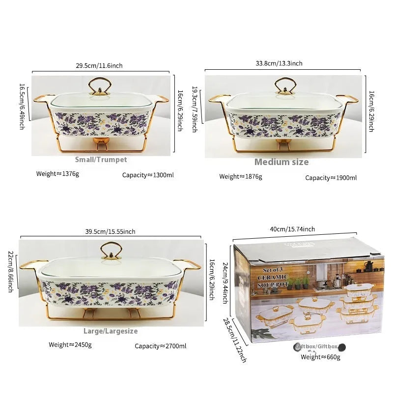 Ceramic rectangular hot pot set with binaural handles, porcelain body, electroplated finish, lemon pattern, in gift box