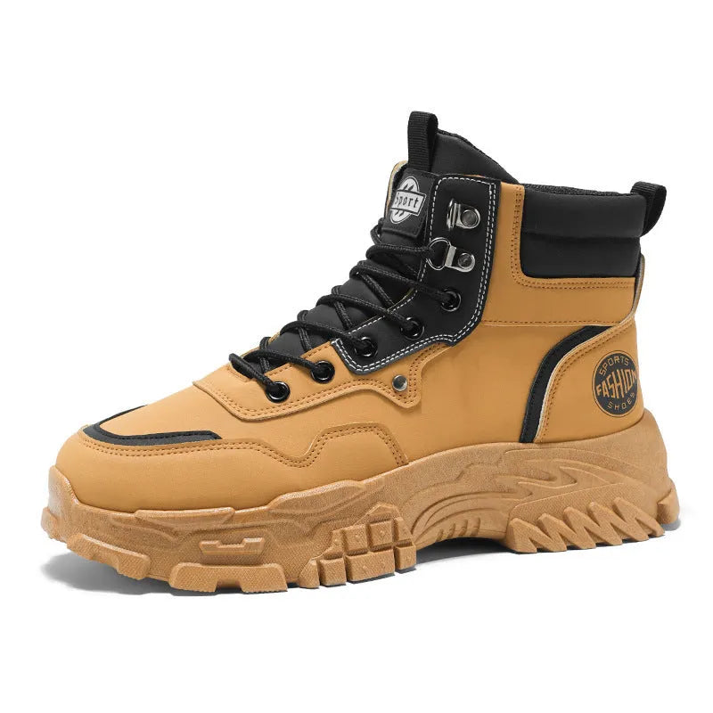 Men's black and yellow high-top Martin boots with an artificial PU upper and injection-moulded sole.