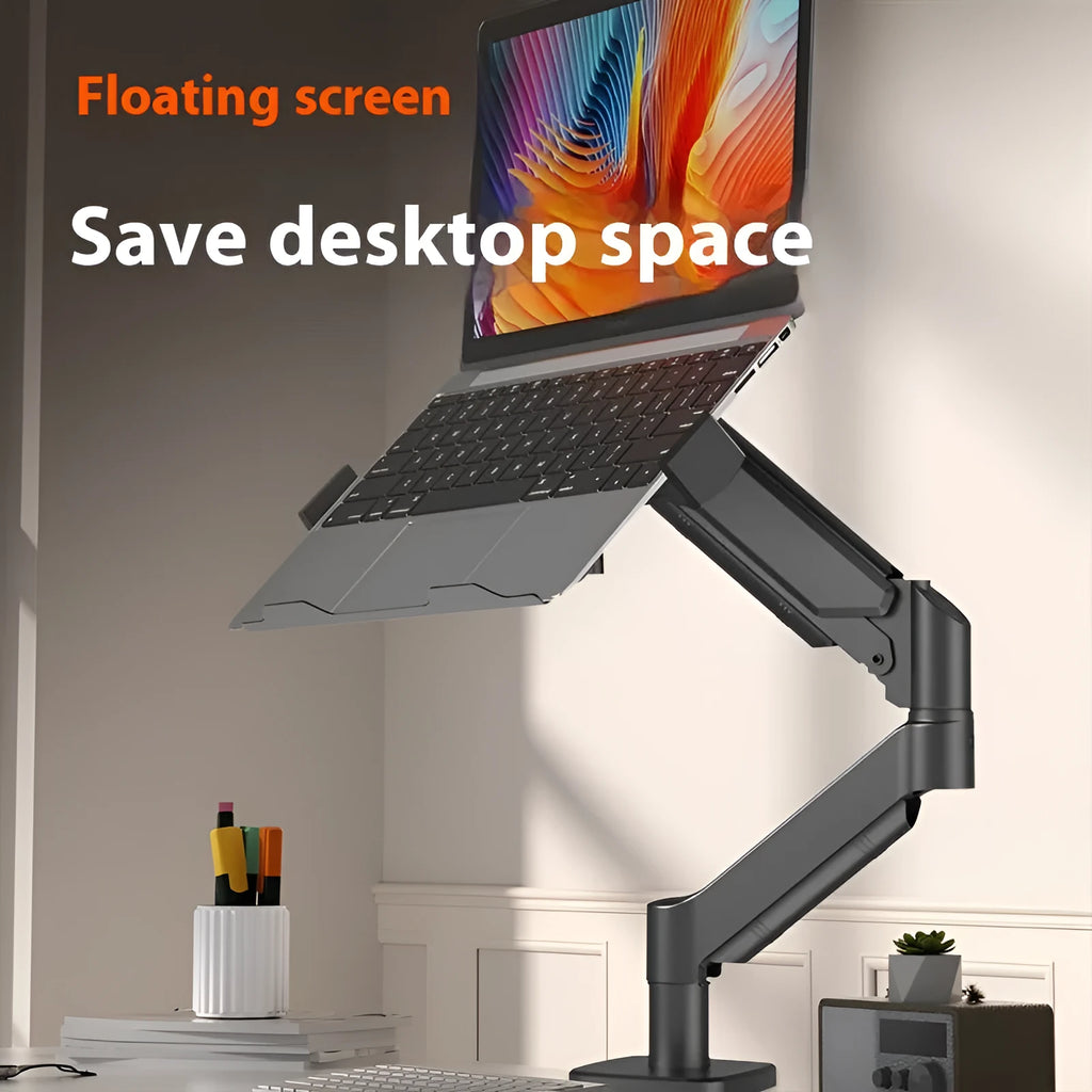 Aluminium alloy laptop support with suspended cooling and mechanical arm base on a desk