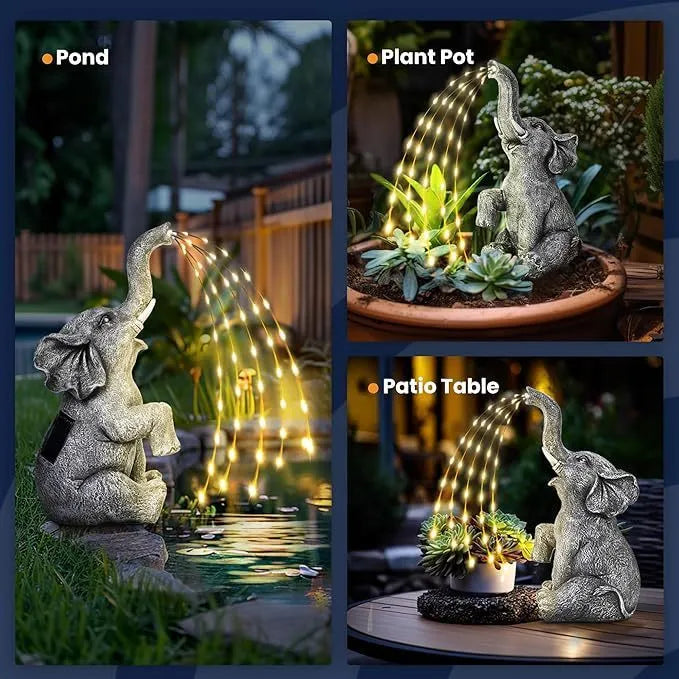 A realistic resin elephant garden statue with a waterproof rating and an LED light strip for outdoor decoration.
