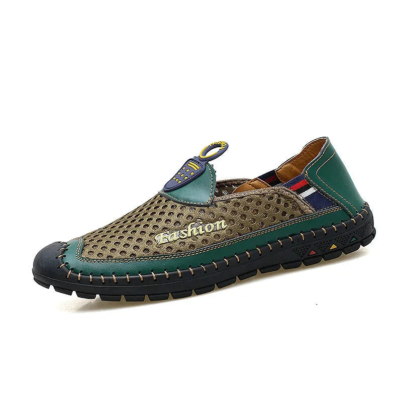Men's brown mesh casual shoes with round toe and rubber sole on grey background