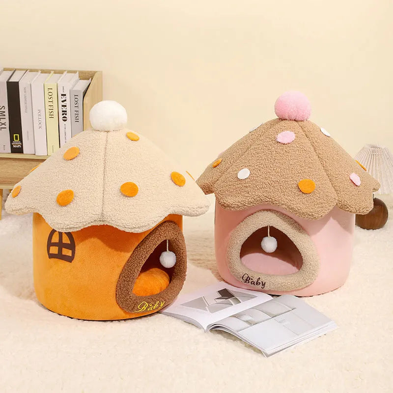Removable mushroom house cat nest pet bed cloth in pink card upgrade M size 39cm
