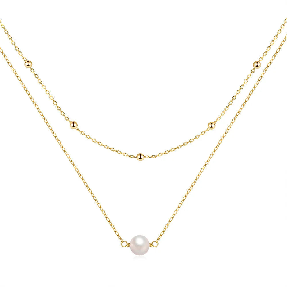S925 sterling silver double layer women's necklace with twin pearls on geometric ball bead chain in gold colour