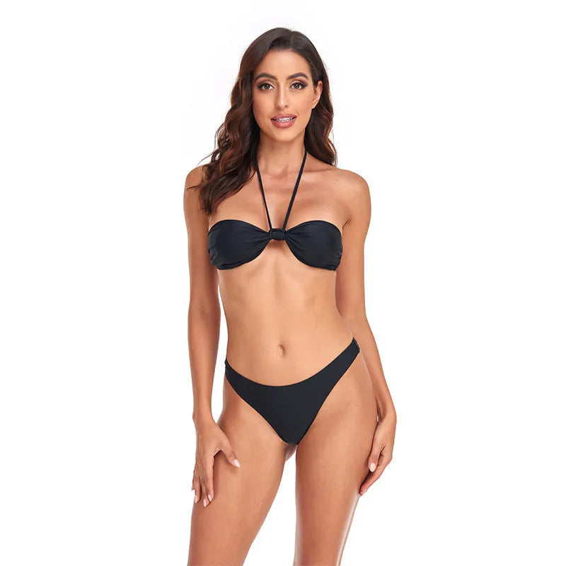 Black polyester women's bikini set with lace-up tube top and briefs swim bottoms