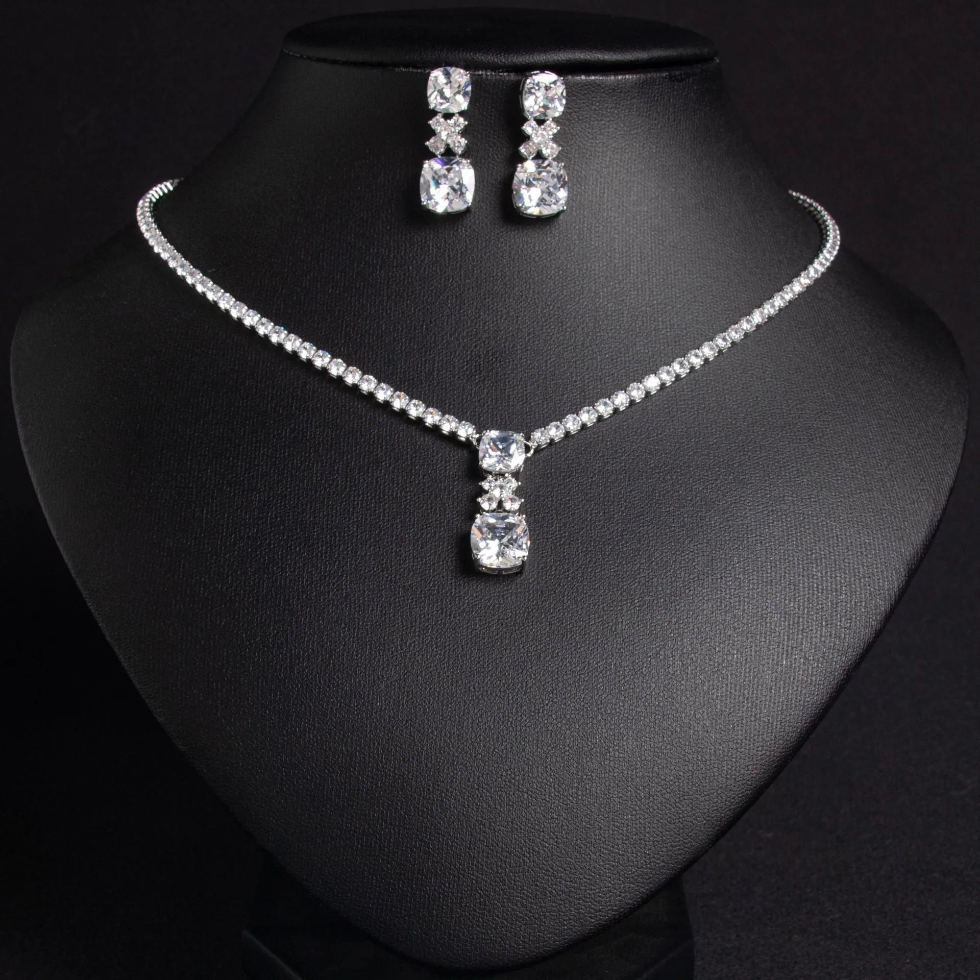 Simple square zircon pendant earrings and necklace set with copper claw chain in five colour options
