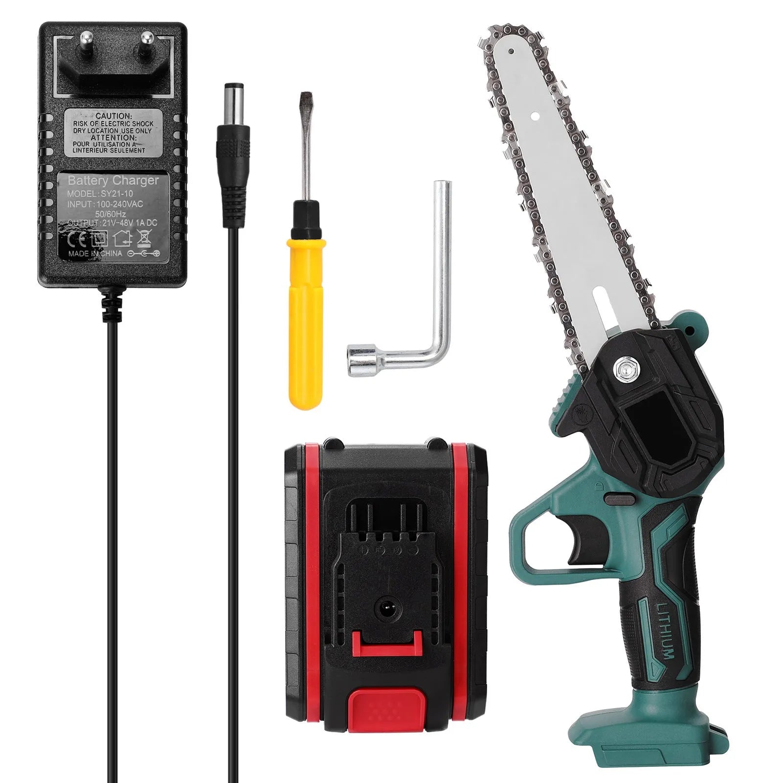 Black mini electric chainsaw with 4-inch guide bar showing compact one-hand design