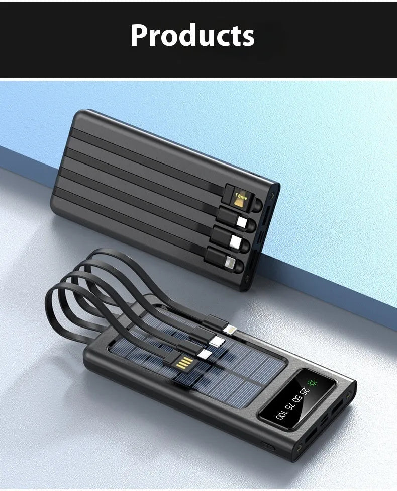 Black and white solar power bank with USB port and 20000mAh capacity for mobile phones