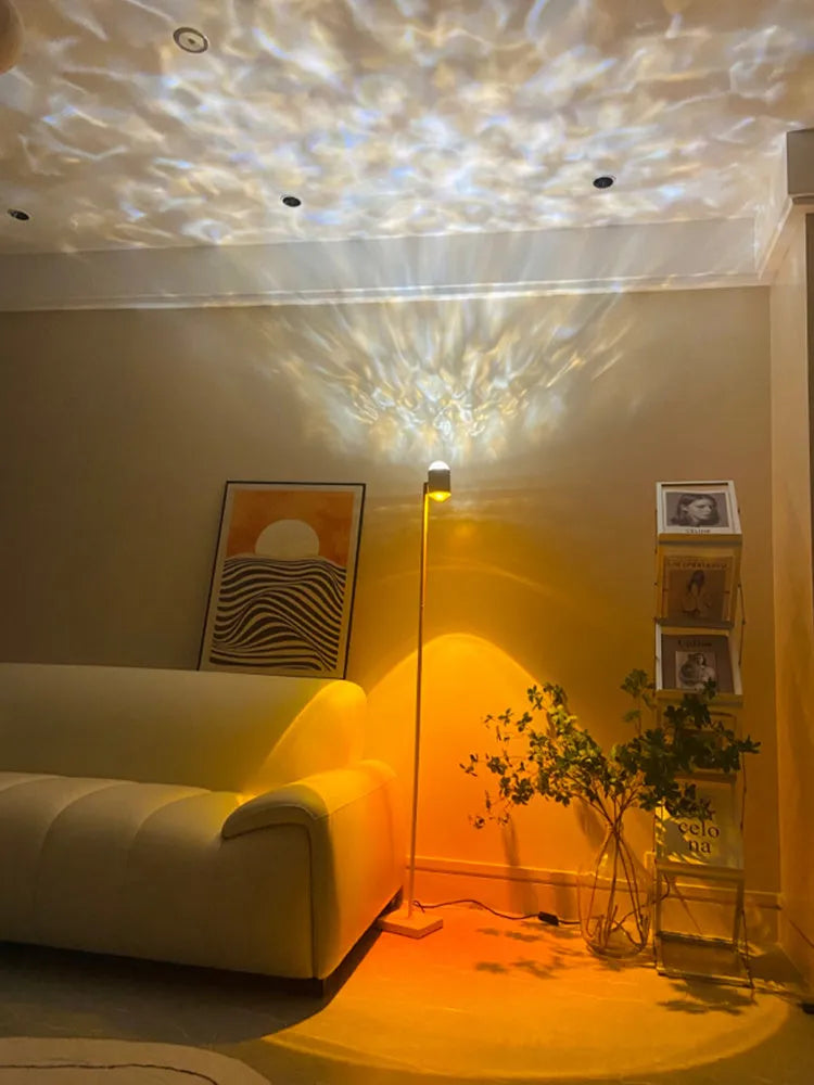 Sunset red water wave pattern projection floor lamp with iron body and LED light source