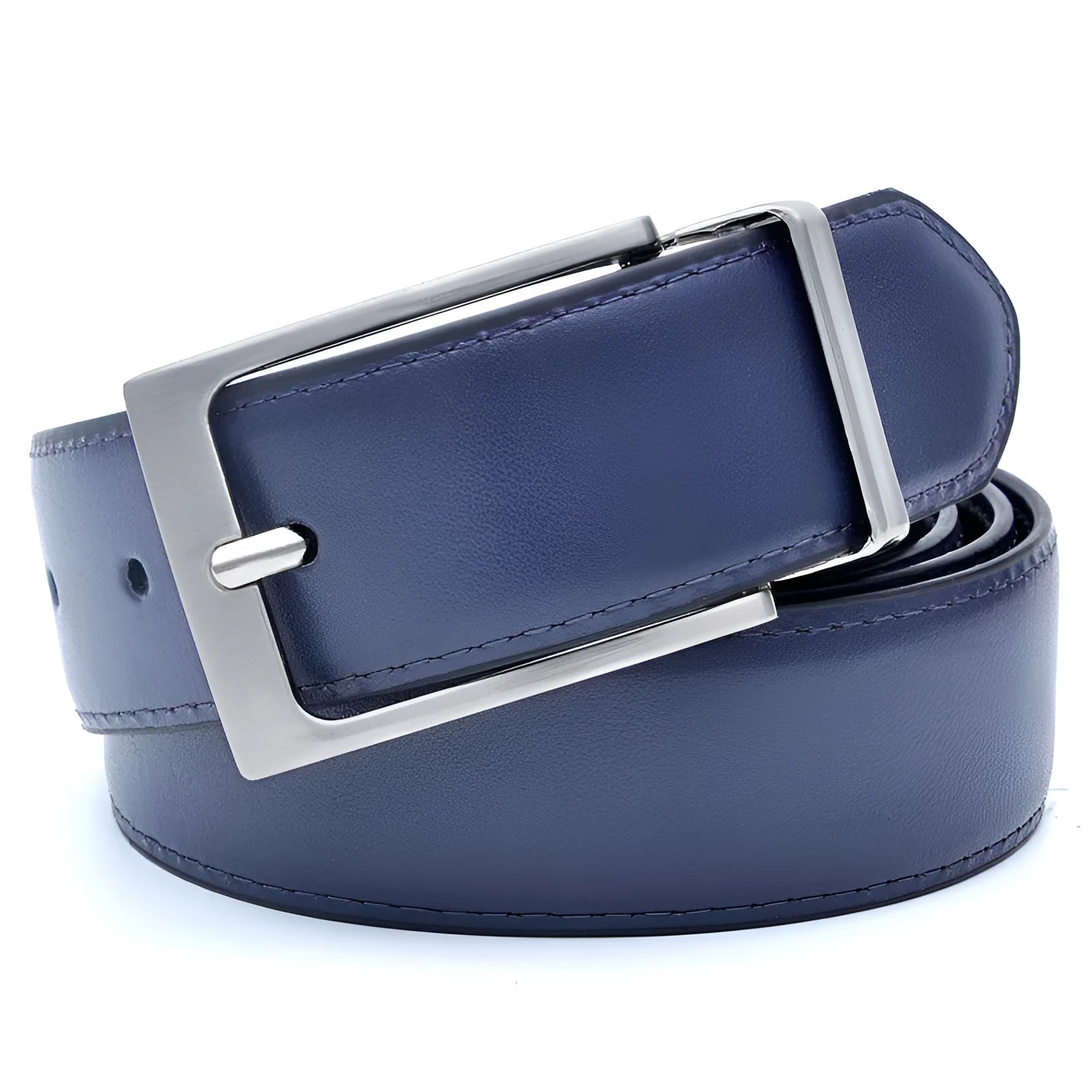 Men's brown and black genuine leather belt with rotating pin buckle on dark background