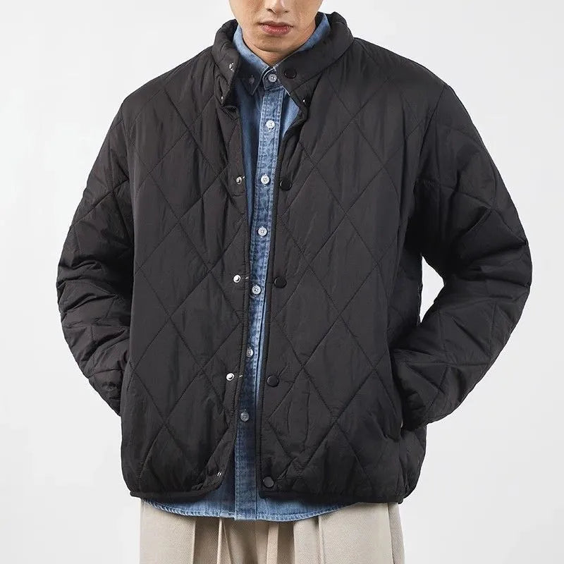 Men's black diamond pattern winter jacket with loose fit and elongated length