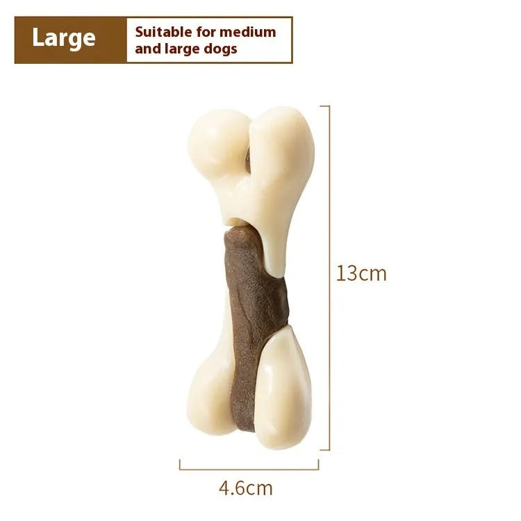 Dog chew toy bone grinding rod in small and large sizes with cowhide and nylon construction
