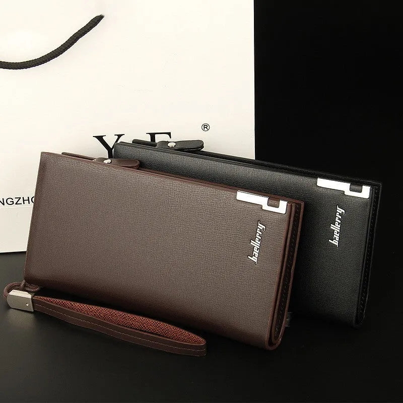 Men's black multifunctional zippered wallet made from PU leather