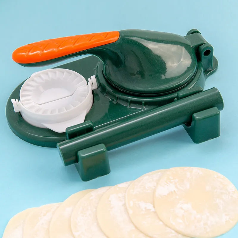 3 in 1 plastic dumpling maker with ergonomic handle and rolling pin in white on a table