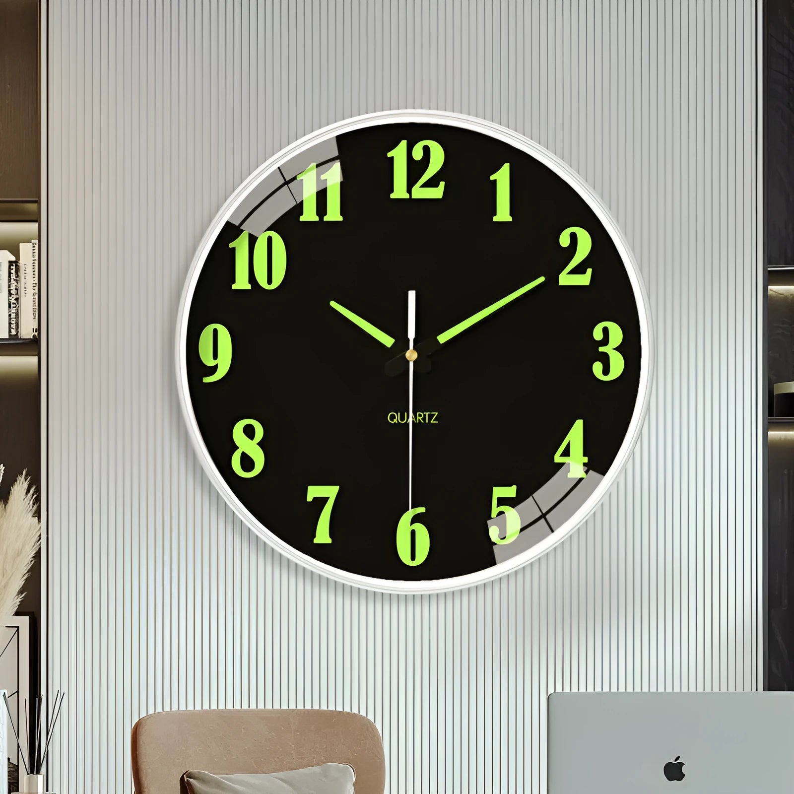 8 inch round luminous wall clock with modern plastic shell on a wall