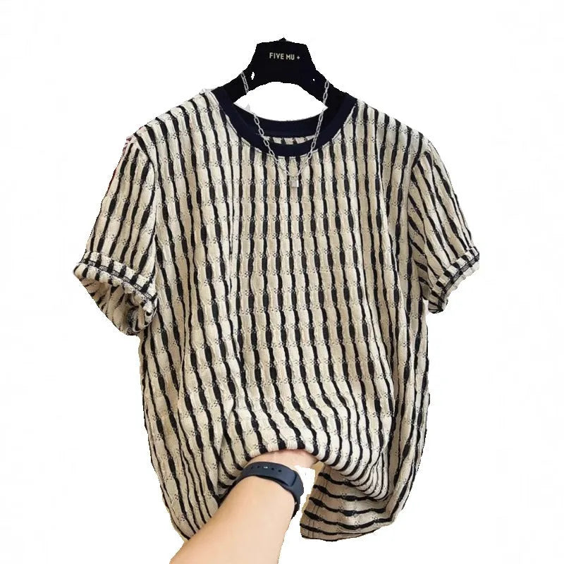 Black striped short sleeve men's shirt with loose fit and linen-silk fabric