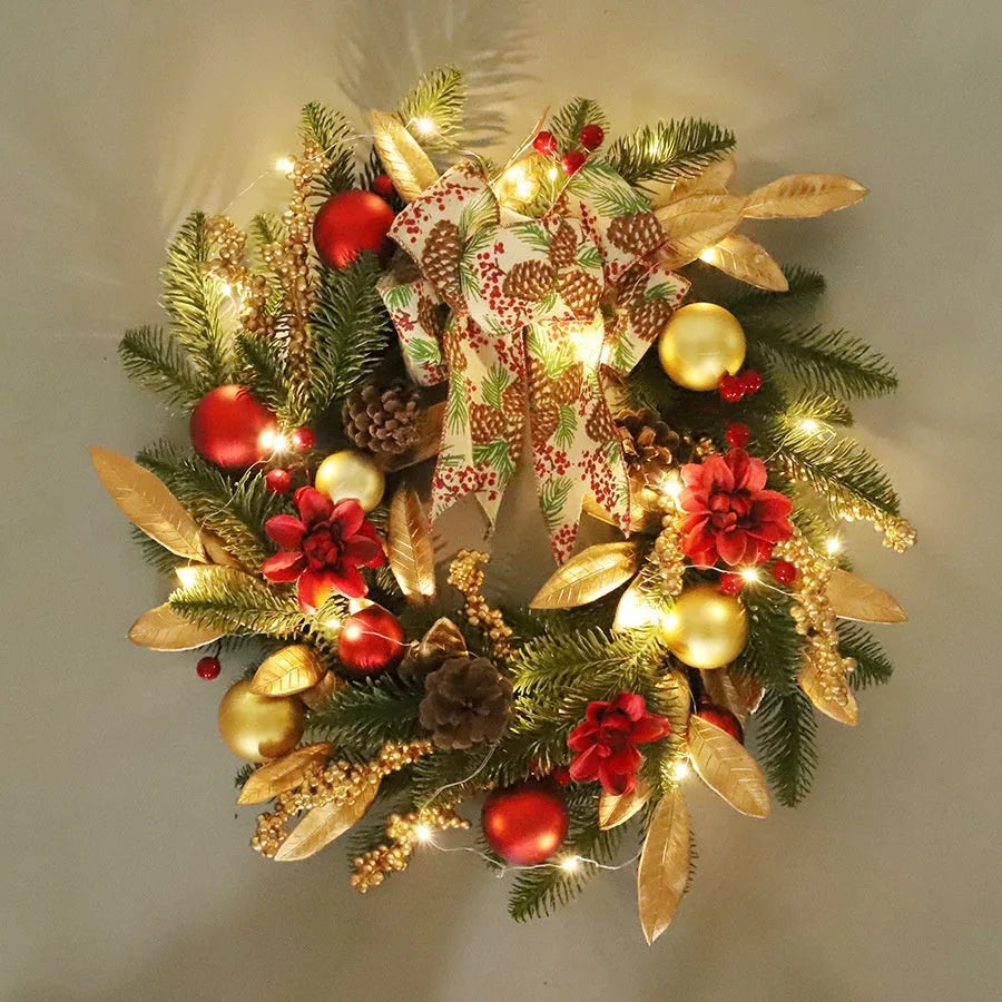 Plastic American country style Christmas garland with upside down ornaments, shown in stair wall hanging style.