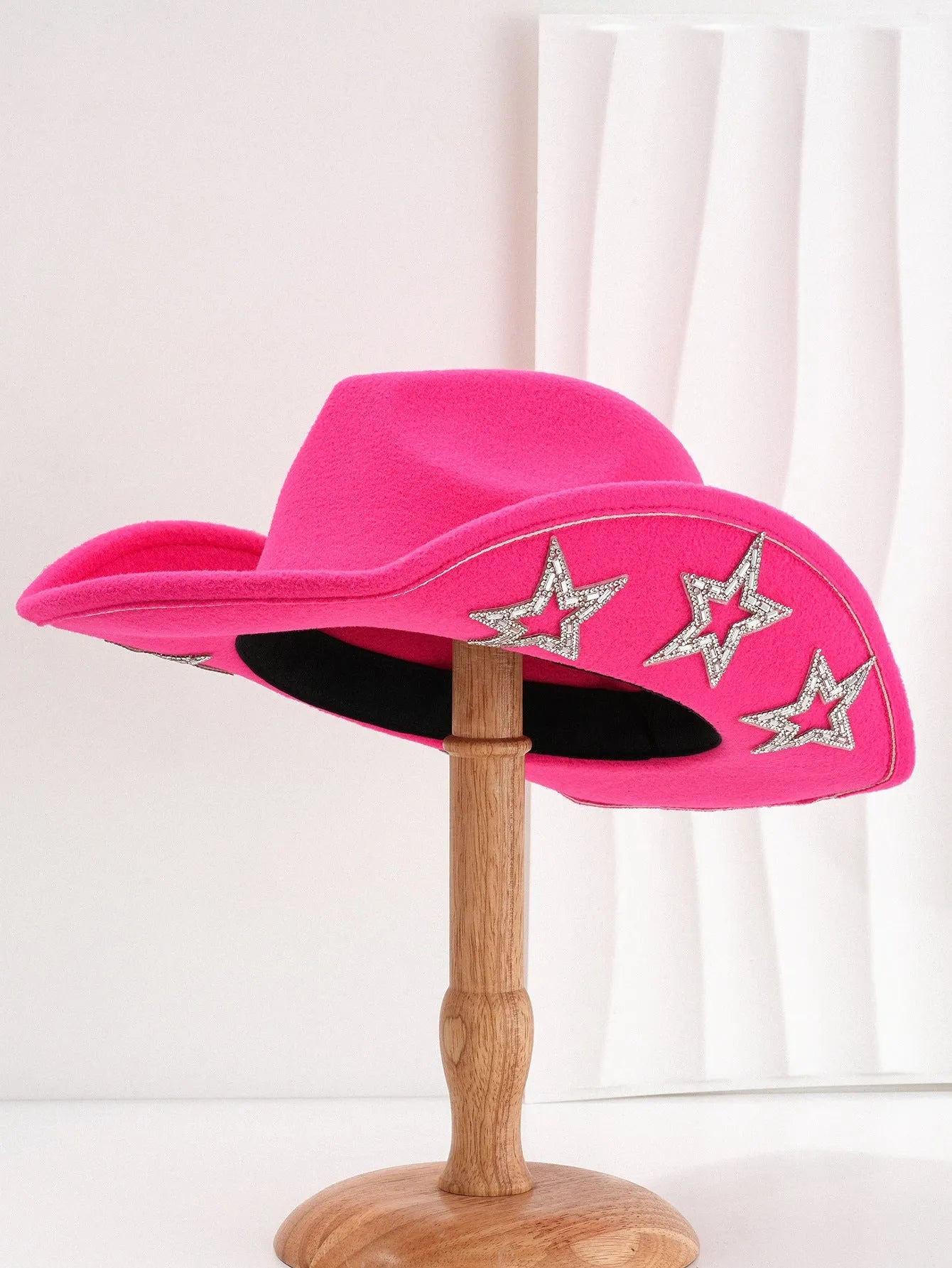 Beige polyester Western denim top hat with a conical crown and a hexagonal star decoration on the front.