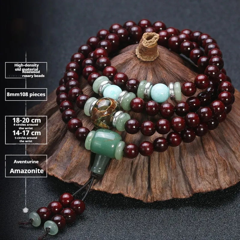 Men's rosewood bracelet with 108 beads showing lapis lazuli stone design option