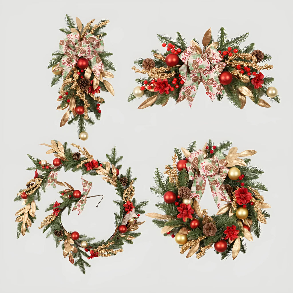 Plastic American country style Christmas garland with upside down ornaments, shown in stair wall hanging style.