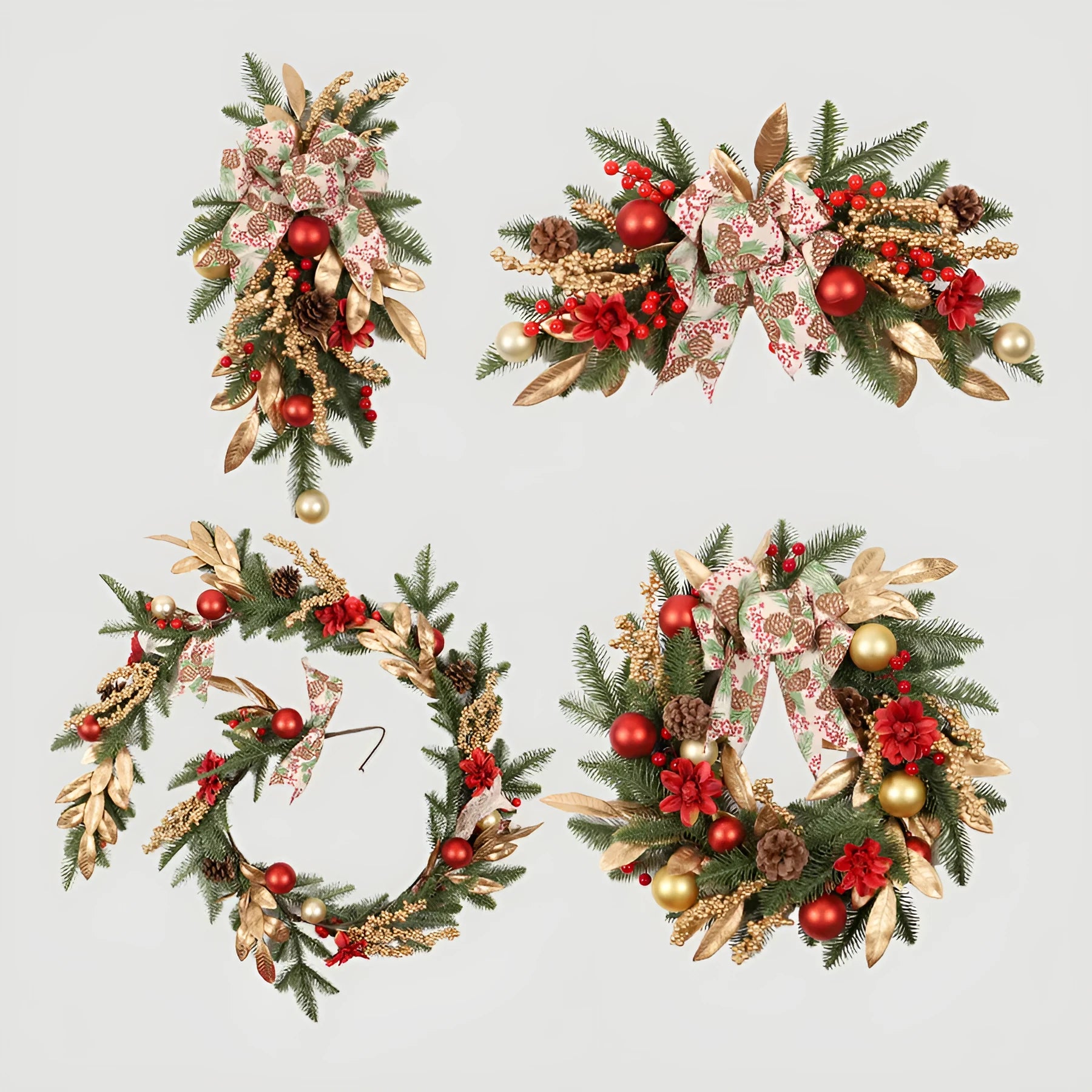 Plastic American country style Christmas garland with upside down ornaments, shown in stair wall hanging style.