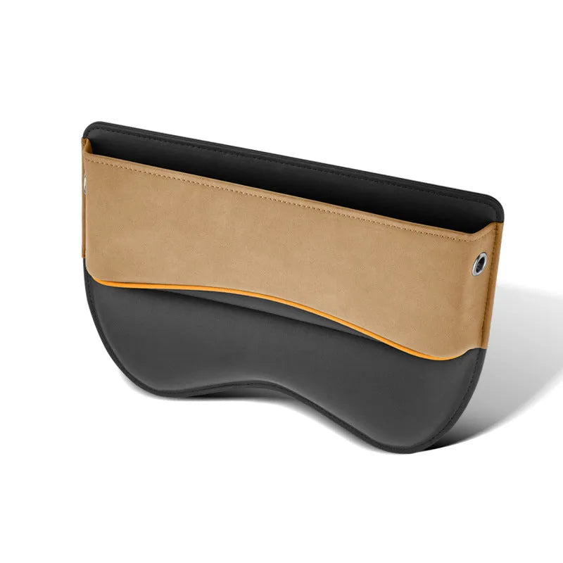 Leather car seat storage box in available colours mounted on vehicle passenger seat