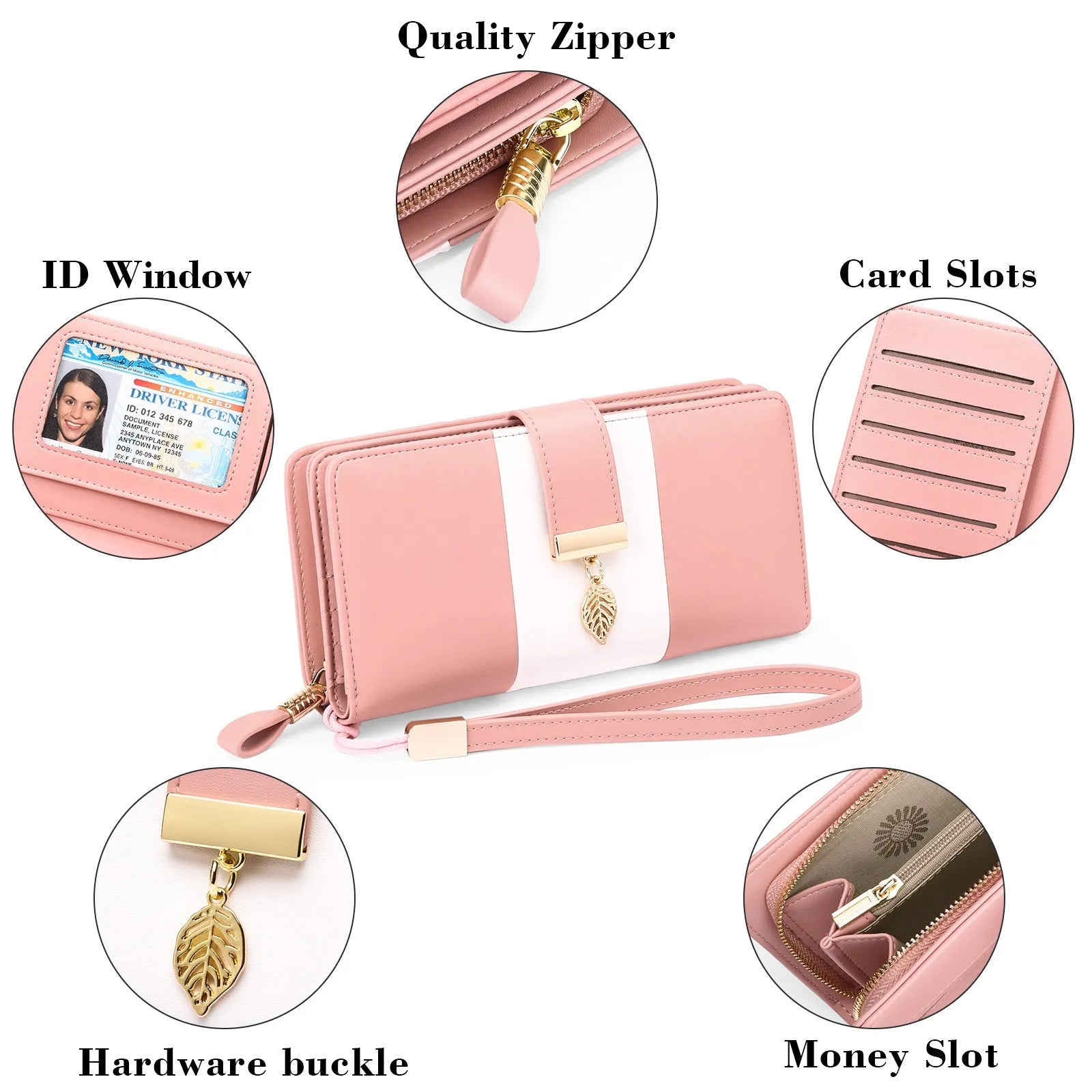 Anti-theft clutch bag in PU leather with zip lock closure, showing interior microfiber lining and compact design
