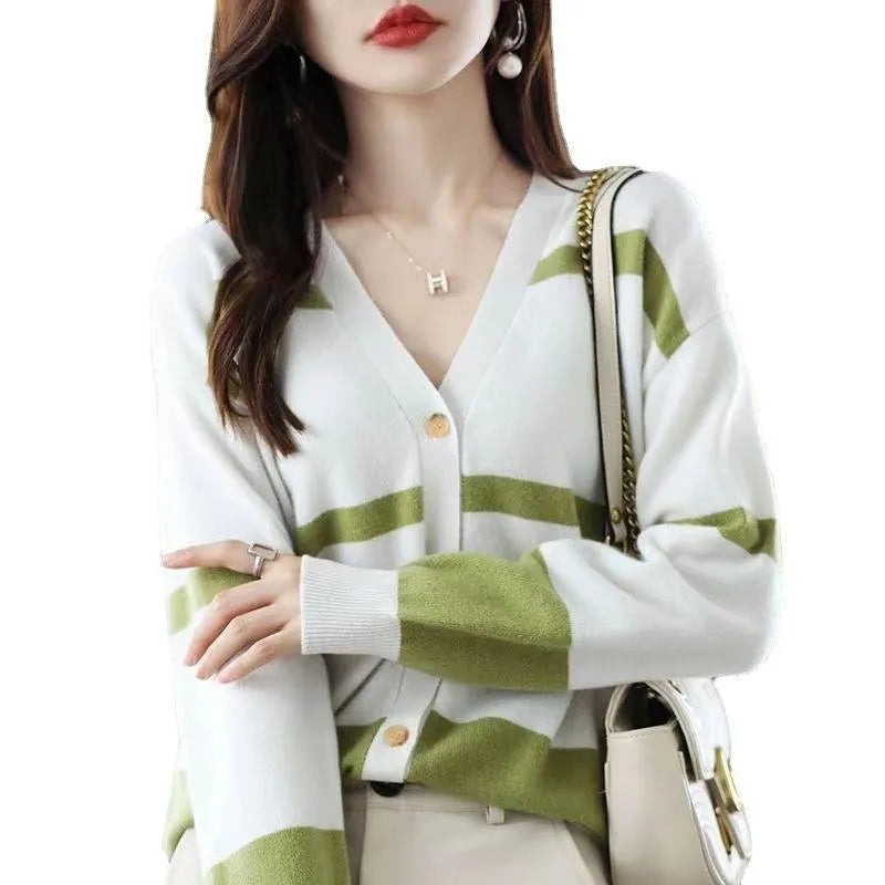 Women's striped V-neck knitted cardigan with 3D pattern in a slim fit, shown in multiple colour options.