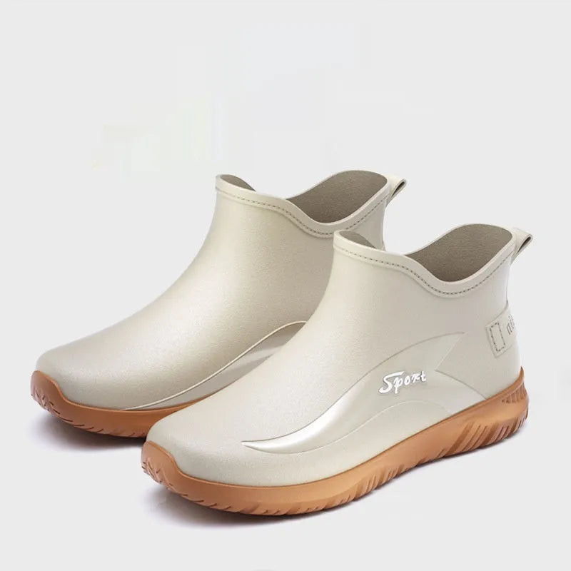 Men's non-slip flat short rubber boots in PVC material showing beige and black colour options