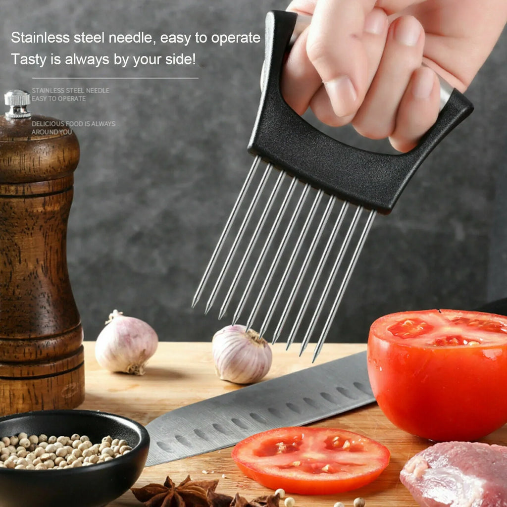 Stainless steel and ABS kitchen food slicer and onion holder on a work surface