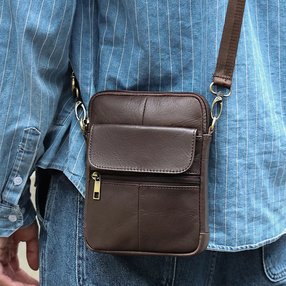 Men's brown leather crossbody shoulder bag with visible stitching details