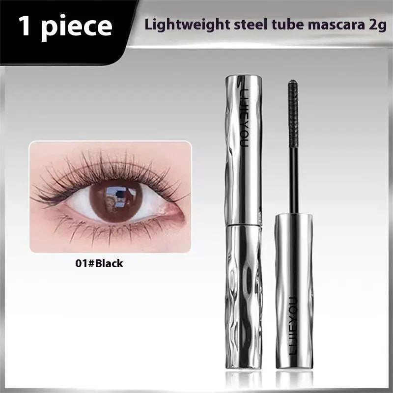 Waterproof mascara in steel tube with black and brown shades and optional eyelash curler
