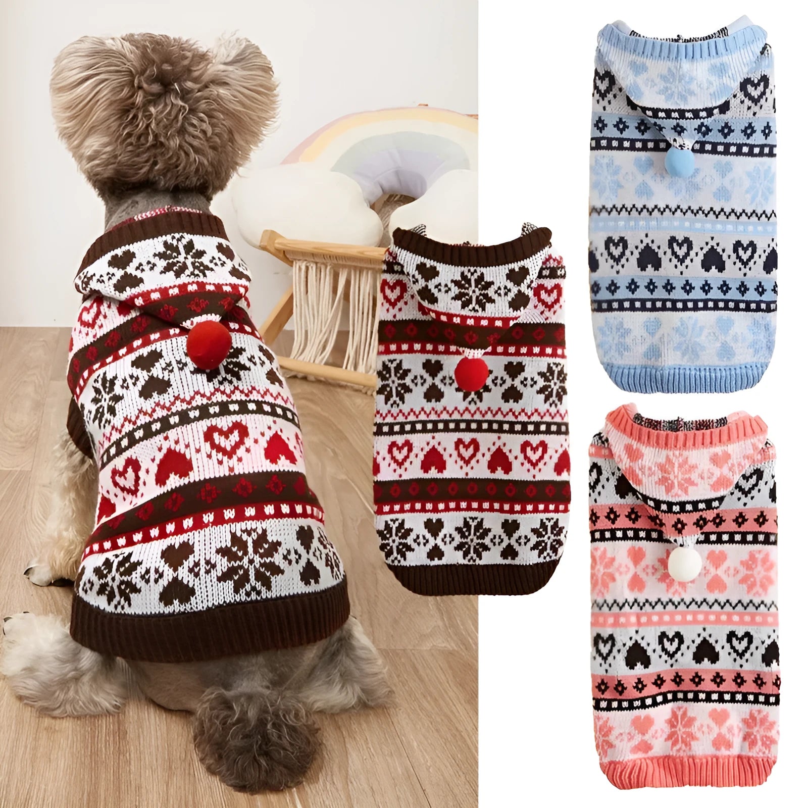 Pink blue grey striped camouflage snowflake love pattern knitted acrylic dog sweater for small breeds.
