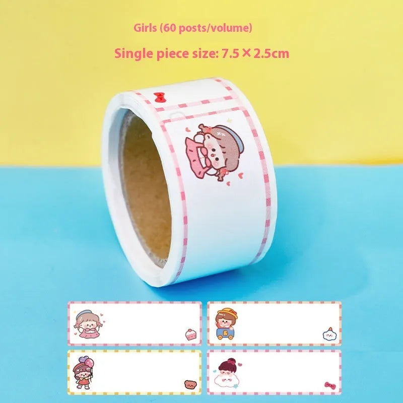 Roll of colourful cartoon stickers showing dinosaur, astronaut, rabbit, and girl design options for labelling.