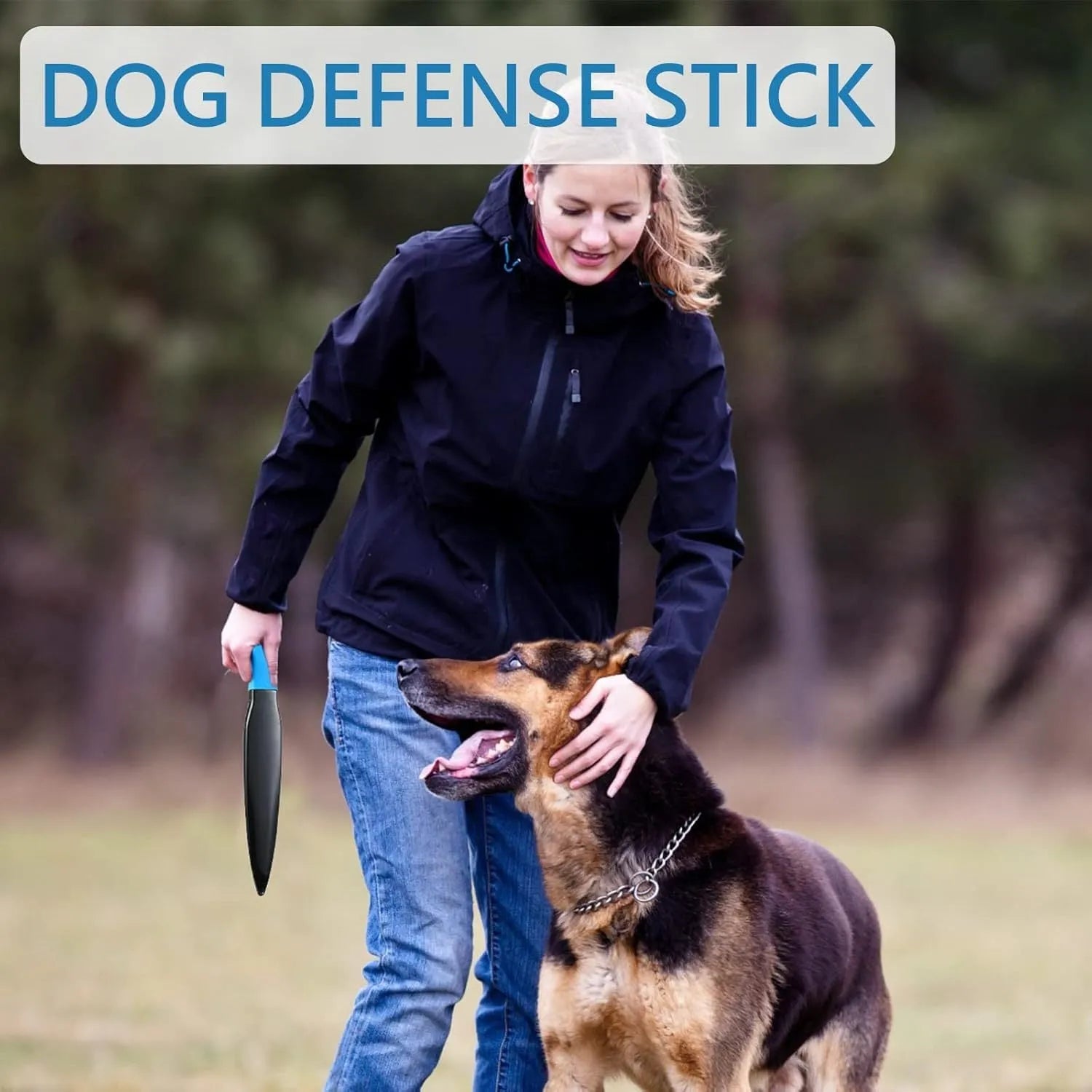 Blue handled nylon dog break stick training tool measuring 35 cm in length.