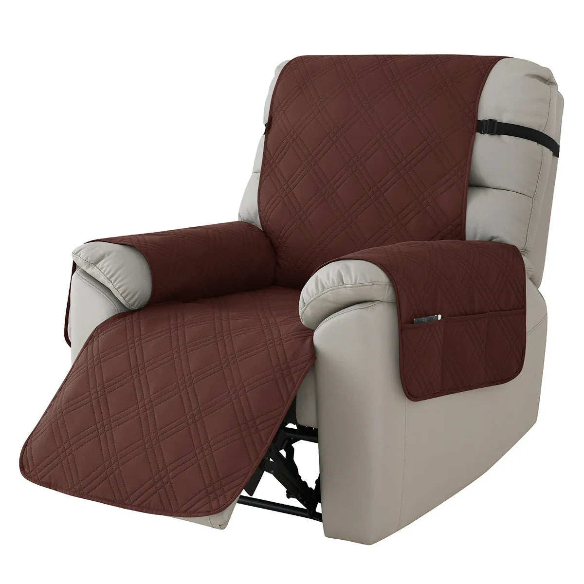 Waterproof quilted sofa cover for a Chivas massage chair in a dark coffee colour.