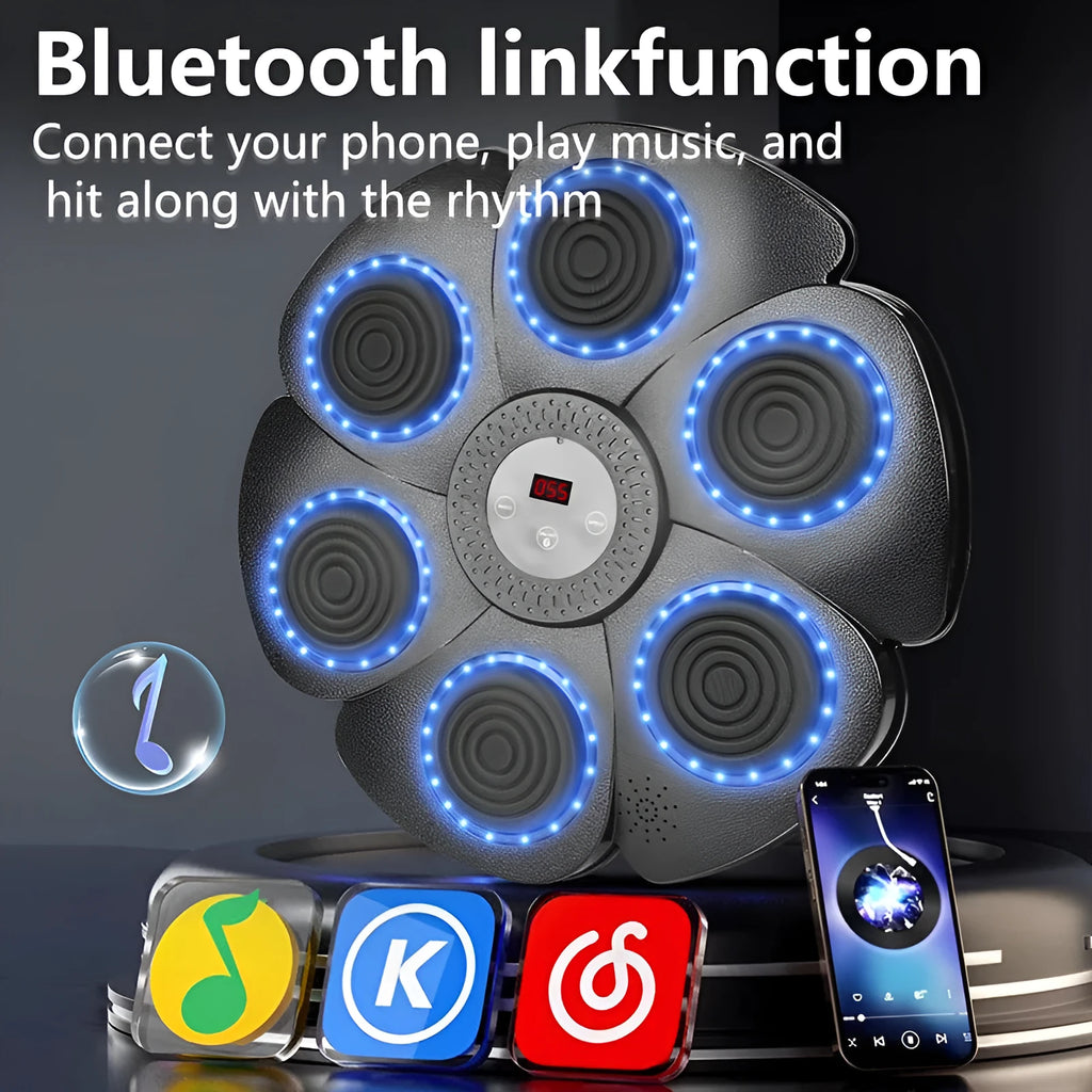 Black smart music boxing machine wall target with Bluetooth, LED lights, and included half-finger boxing gloves.