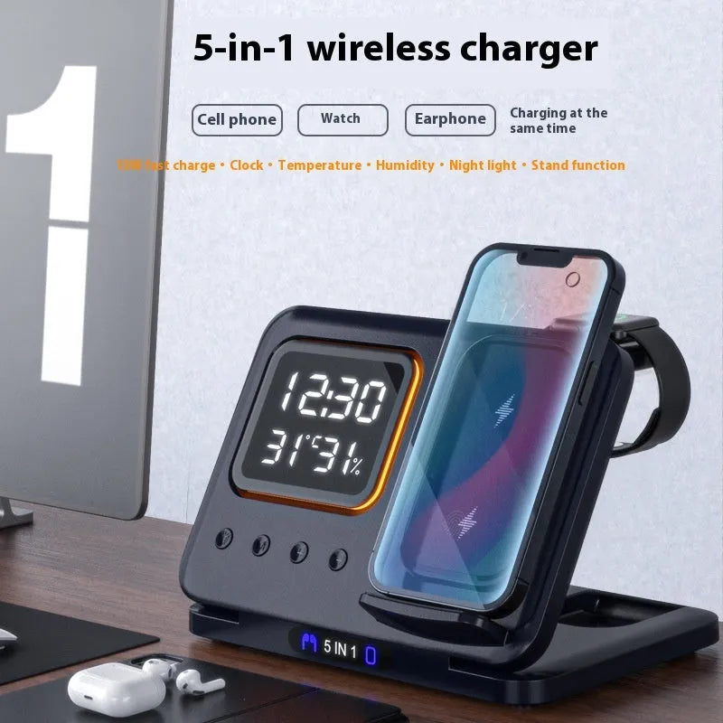 Black and white 15W wireless charging station with LED display showing time, charging phone, watch and headphones