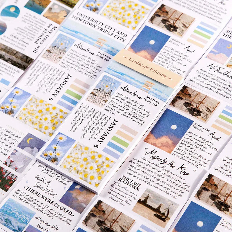 Landscape painting series paper sticker book showing 60x120mm stickers with repositionable adhesive
