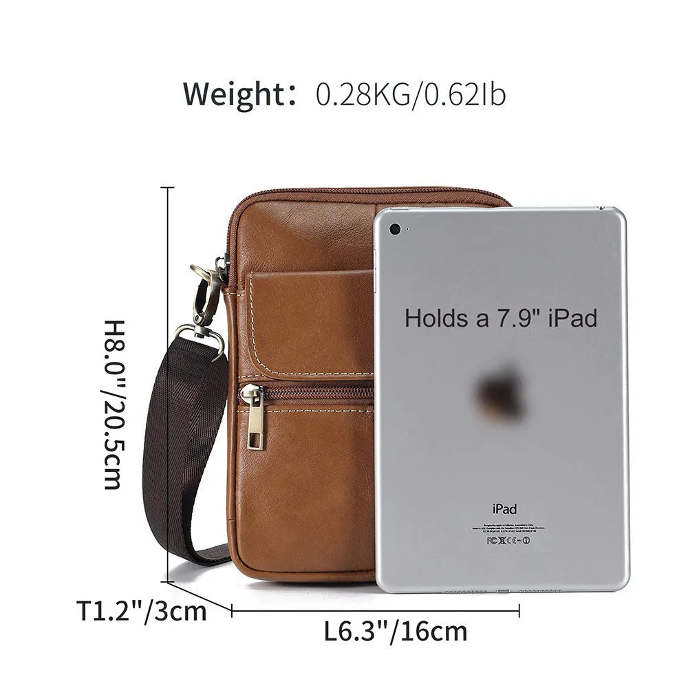 Men's brown leather crossbody shoulder bag with visible stitching details