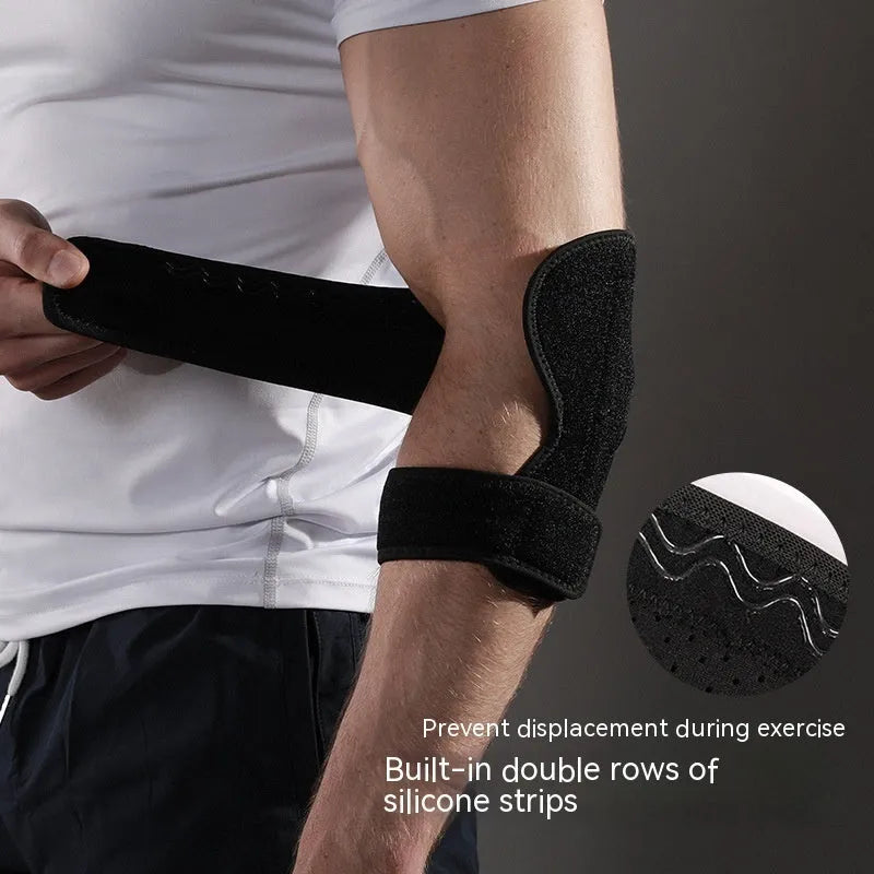 Adjustable black sports elbow guard for multiple athletic activities including basketball and badminton