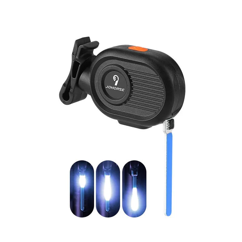 Bicycle rear safety light with colourful running water LED effect mounted on a seat post.