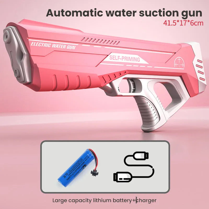 Blue plastic electric space water gun with automatic water absorption for pool and beach play.