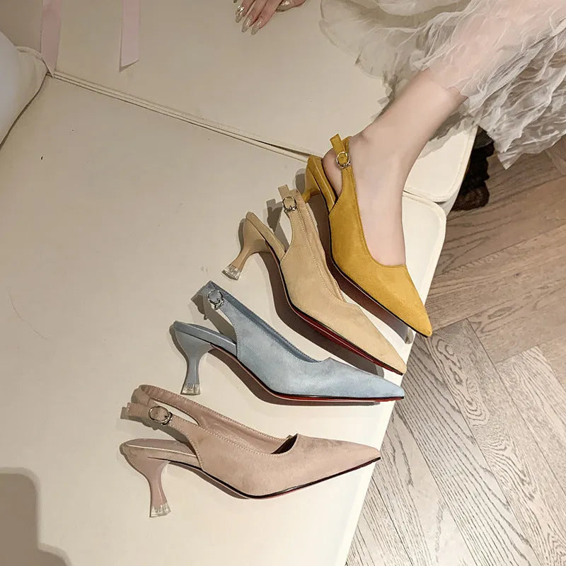 Women's suede stiletto high heels with pointed toe in apricot colour