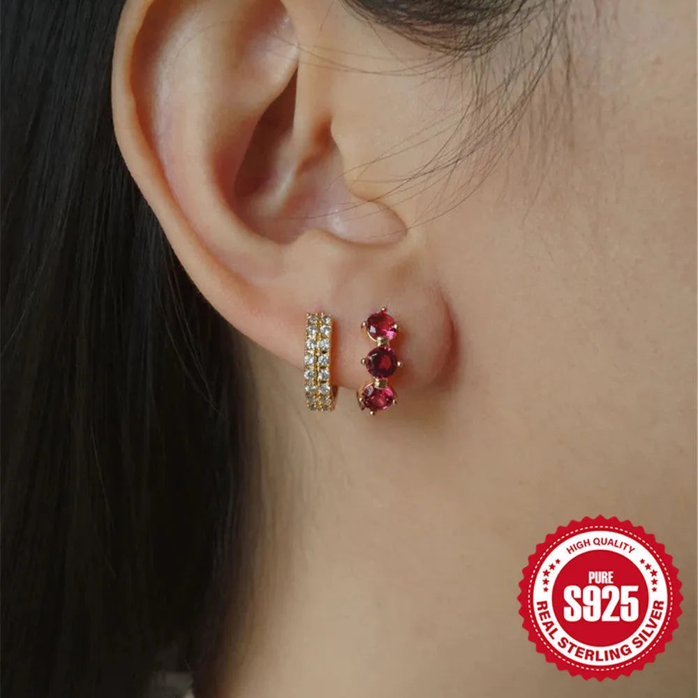 Golden-coloured S925 sterling silver sunflower geometric earrings with three zircon stones