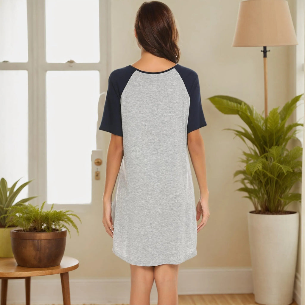 Women's ash and navy blue colour block patchwork nightdress made from double brushed milk silk fabric.