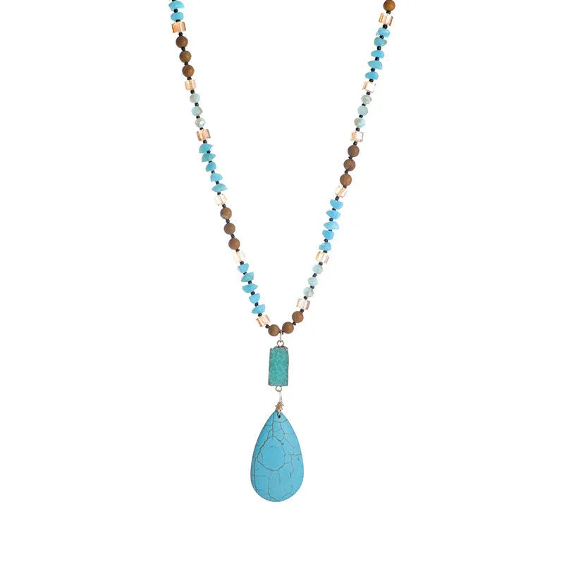 Turquoise blue imitation mineral pendant necklace with water drop shape and ball bead chain