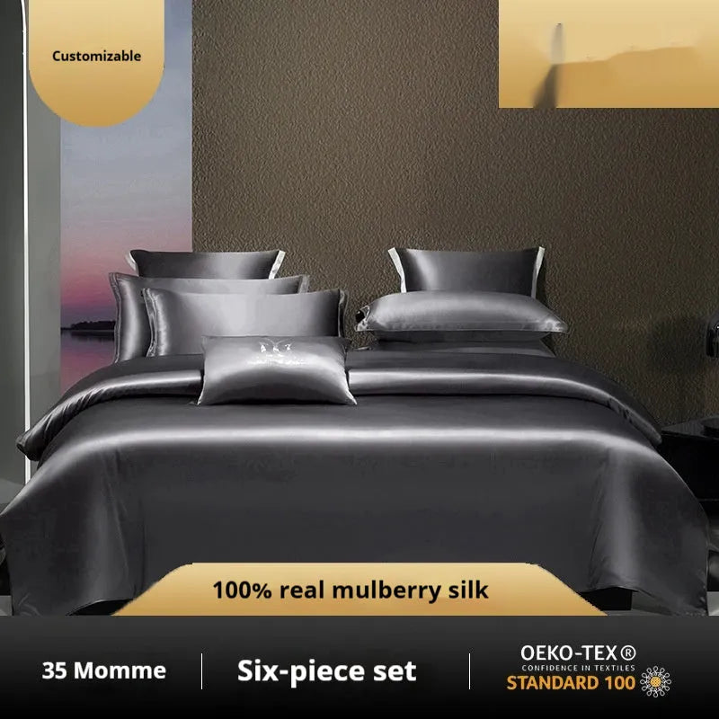 Silk four-piece quilt cover set in solid colour showing champagne gold bedding on bed