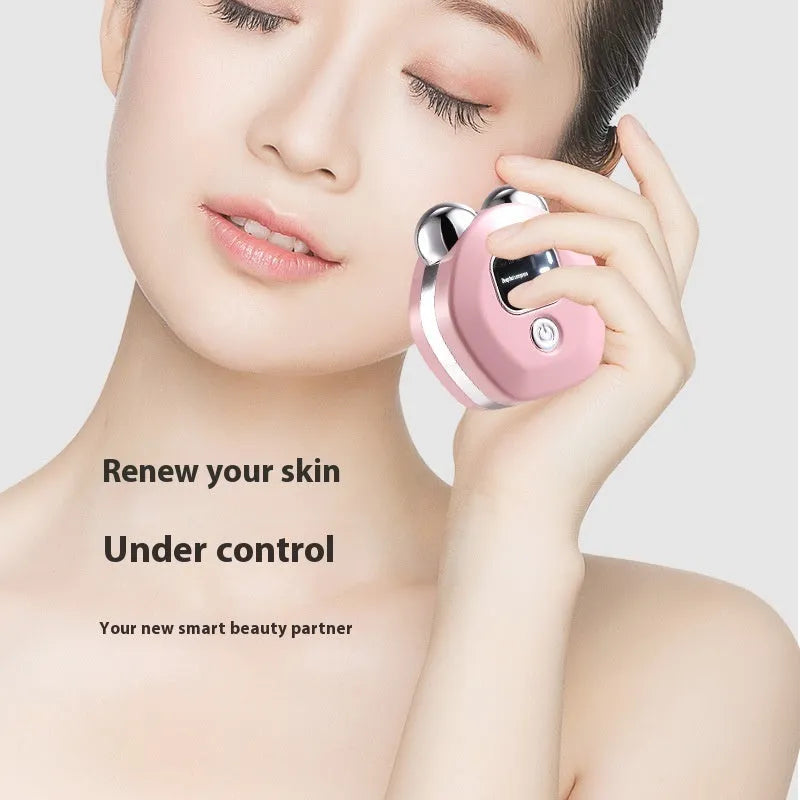 Portable white micro current facial massager with hot compress and double rollers for skin rejuvenation