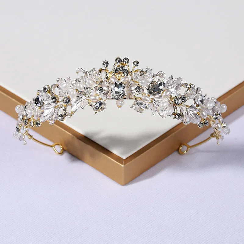 Alloy pearl crown headdress for women with gold electroplated finish and European styling
